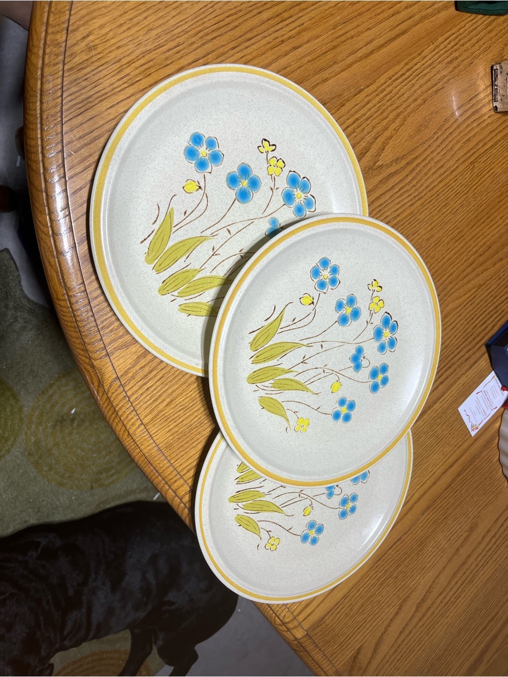 Stoneware Dinner Plates with Blue Floral Design and Yellow Trim